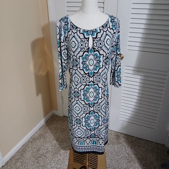 Liz Claiborne Large 5/8th-Sleeve Aqua/Black/White Geometric design Shift Dress - Picture 3 of 14